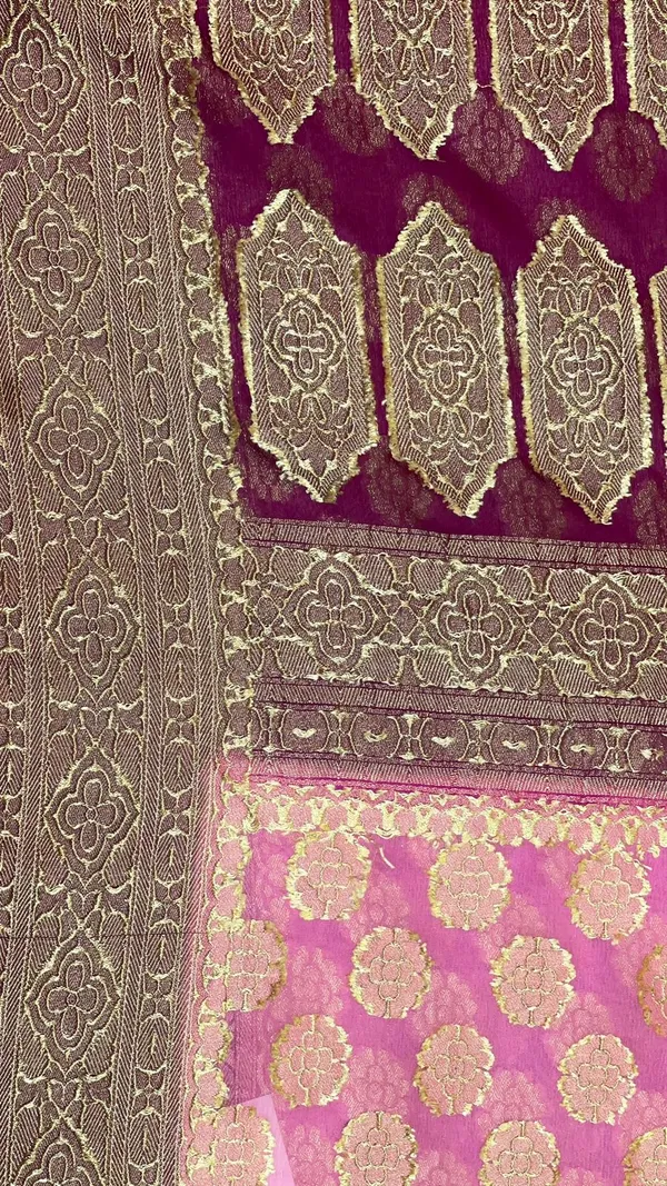 Humairah_Pure_Handloom_Khaddi_Georgette_Pink_Kadhwa_Zari__Booti_with_Kadhwa_Purple_Anchal_&_Contrast_Purple_Blouse