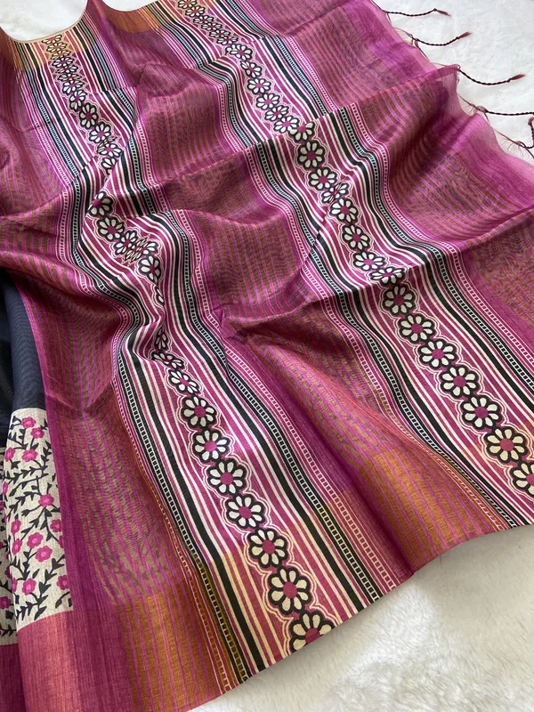 Jivika_Pink_&_Black_–_Festive_Season_Special_|_Soft_Tussar_Silk_Saree_with_Print,_Border_&_Contrast_Print_Blouse_with_Tassels