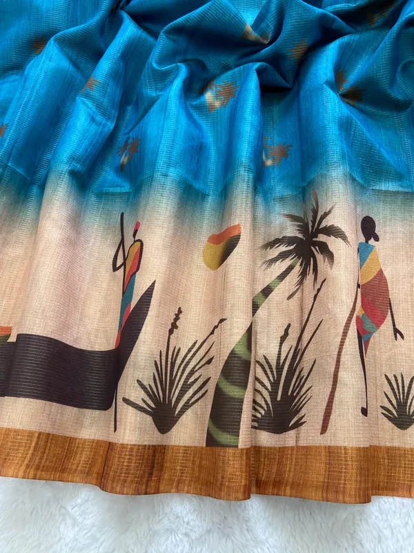 Sitara_Blue_–_Starry_Navratri_Special_|_Soft_Tussar_Silk_Saree_with_Print,_Zari_Line_Saree_&_Print_Blouse_with_Tassels
