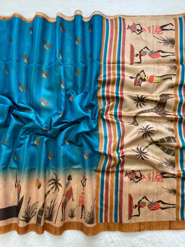Sitara_Blue_–_Starry_Navratri_Special_|_Soft_Tussar_Silk_Saree_with_Print,_Zari_Line_Saree_&_Print_Blouse_with_Tassels