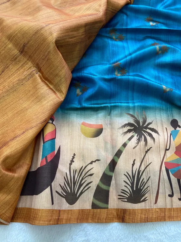 Sitara_Blue_–_Starry_Navratri_Special_|_Soft_Tussar_Silk_Saree_with_Print,_Zari_Line_Saree_&_Print_Blouse_with_Tassels