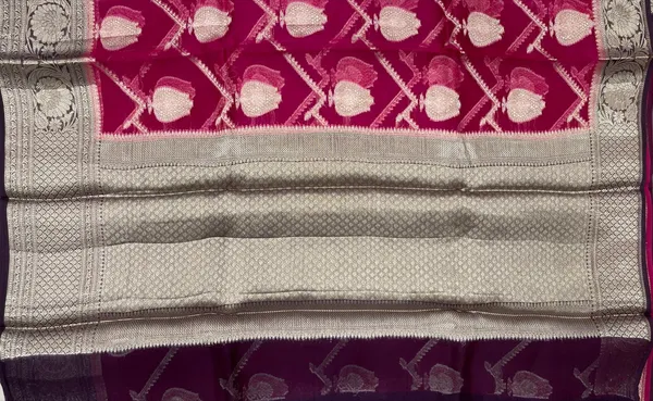 Humairah_Pure_Handloom_Pink_Organza_Floral_Zari_Booti_Ada_Stripe_with_Contrast_Purple_Big_Floral_Boota_Pallu_Zari_Border_and_Purple_Blouse