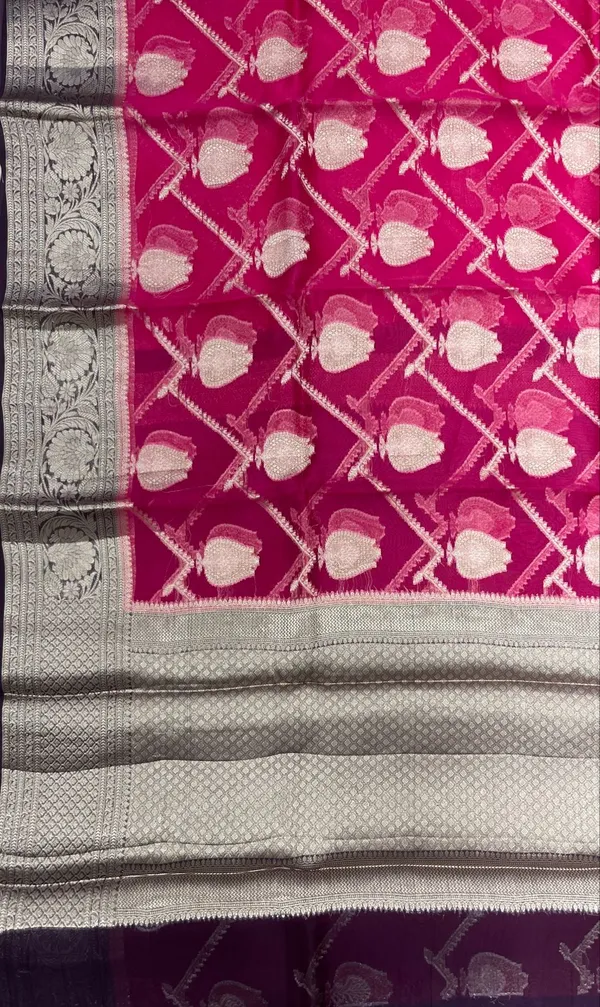 Humairah_Pure_Handloom_Pink_Organza_Floral_Zari_Booti_Ada_Stripe_with_Contrast_Purple_Big_Floral_Boota_Pallu_Zari_Border_and_Purple_Blouse