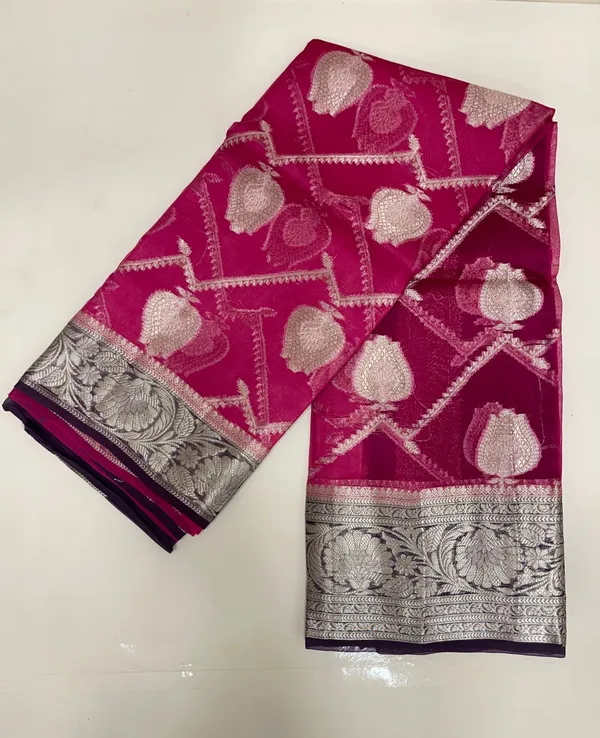 Humairah_Pure_Handloom_Pink_Organza_Floral_Zari_Booti_Ada_Stripe_with_Contrast_Purple_Big_Floral_Boota_Pallu_Zari_Border_and_Purple_Blouse
