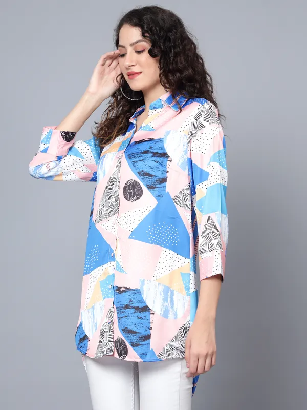 Blue_Satin_3/4th_Sleeve_Printed_Relaxed_Fit_Long_Shirt_For_Women