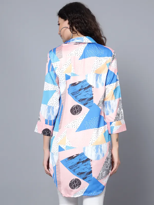 Blue_Satin_3/4th_Sleeve_Printed_Relaxed_Fit_Long_Shirt_For_Women
