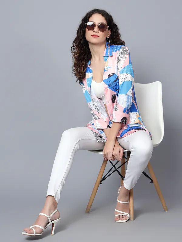 Blue_Satin_3/4th_Sleeve_Printed_Relaxed_Fit_Long_Shirt_For_Women