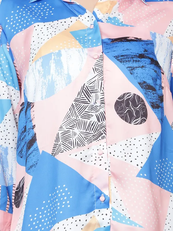 Blue_Satin_3/4th_Sleeve_Printed_Relaxed_Fit_Long_Shirt_For_Women