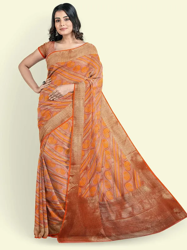 Orange_Cotton_Blend_Banarasi_Sarees_For_Women