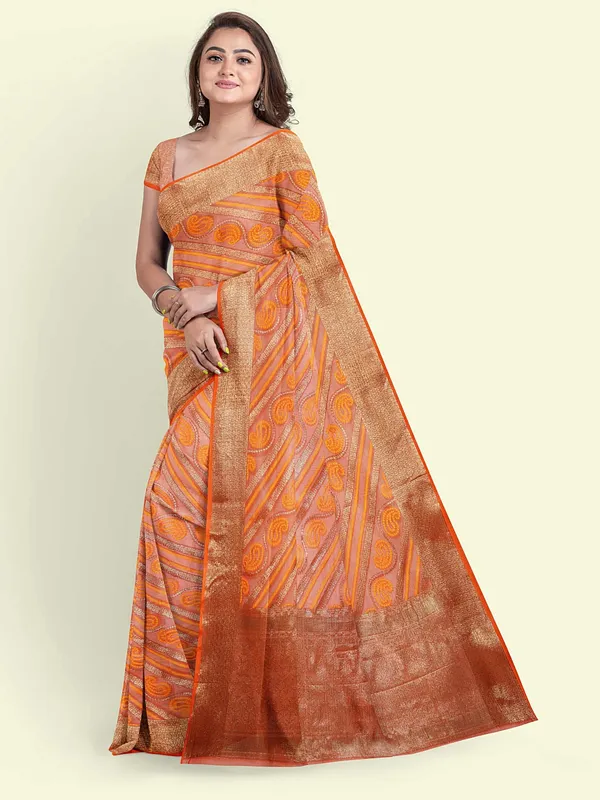 Orange_Cotton_Blend_Banarasi_Sarees_For_Women
