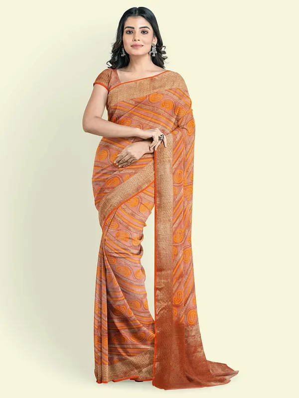 Orange_Cotton_Blend_Banarasi_Sarees_For_Women