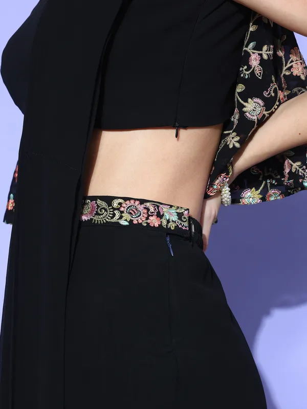 Black_Georgette_Solid_Top_With_Attached_Floral_Embroidery_Jacket_And_Dhoti_Style_Skirt