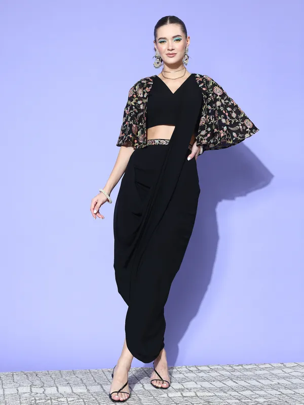 Black_Georgette_Solid_Top_With_Attached_Floral_Embroidery_Jacket_And_Dhoti_Style_Skirt