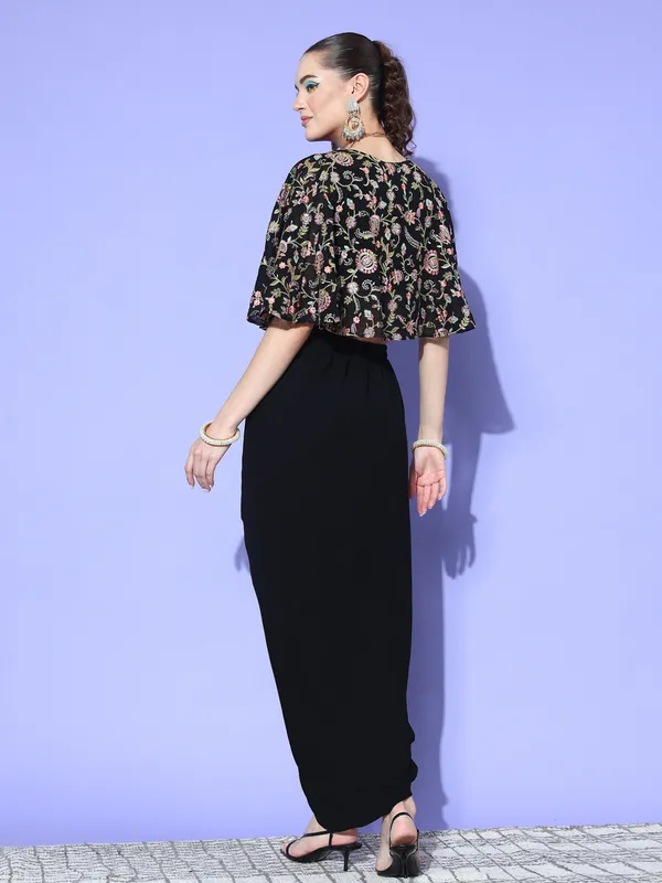 Black_Georgette_Solid_Top_With_Attached_Floral_Embroidery_Jacket_And_Dhoti_Style_Skirt