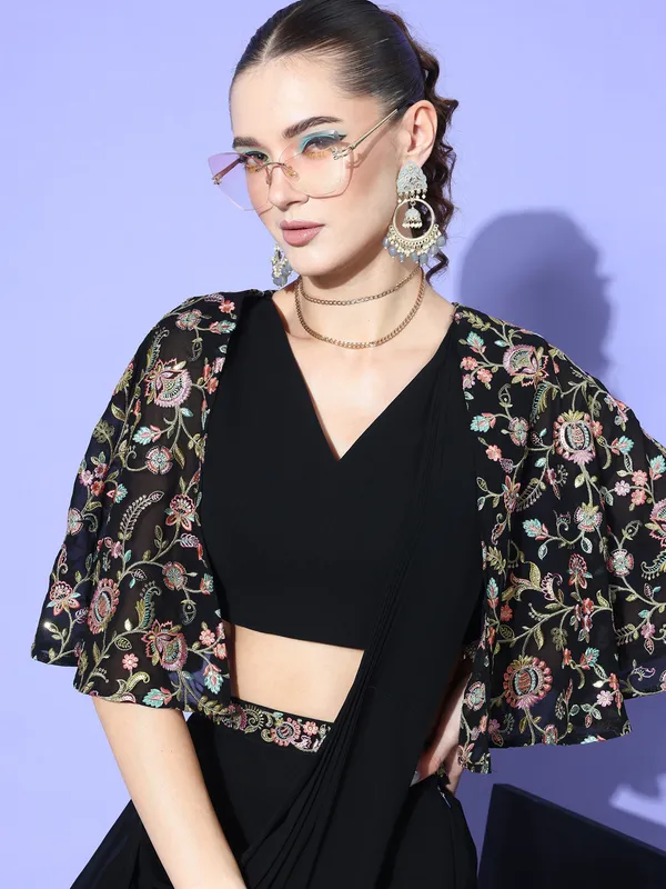 Black_Georgette_Solid_Top_With_Attached_Floral_Embroidery_Jacket_And_Dhoti_Style_Skirt