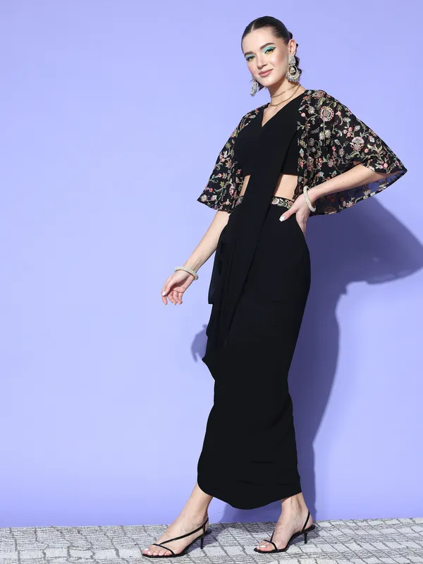 Black_Georgette_Solid_Top_With_Attached_Floral_Embroidery_Jacket_And_Dhoti_Style_Skirt