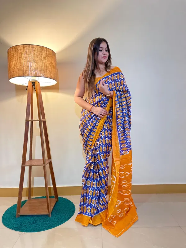 Ikkat_Print_Pure_Soft_Cotton_saree_With_Blouse_Piece