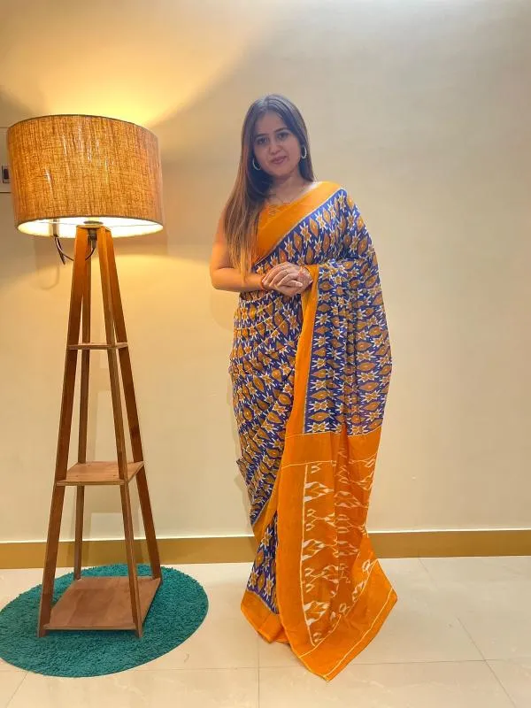 Ikkat_Print_Pure_Soft_Cotton_saree_With_Blouse_Piece