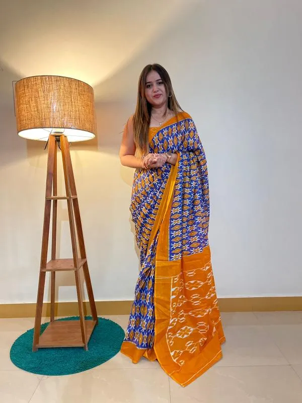 Ikkat_Print_Pure_Soft_Cotton_saree_With_Blouse_Piece