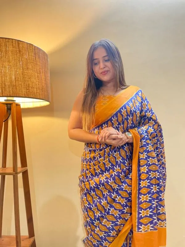 Ikkat_Print_Pure_Soft_Cotton_saree_With_Blouse_Piece