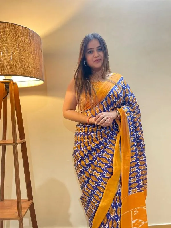 Ikkat_Print_Pure_Soft_Cotton_saree_With_Blouse_Piece