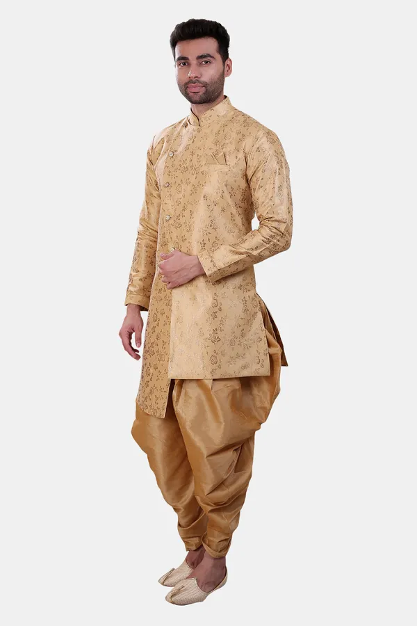 Floral_Print_Gold_Jacquard_Sherwani_With_Patiyala