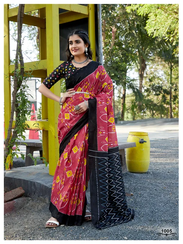 Ikkat_Hand_Block_Print_Print_Pure_Soft_Cotton_saree_With_Blouse_Piece