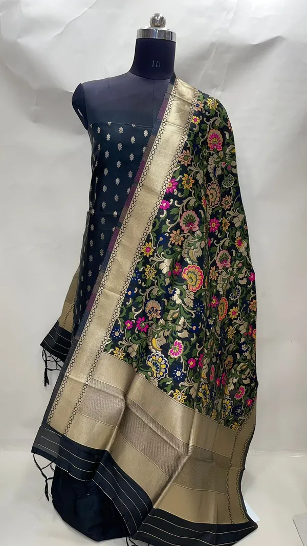 Humairah_Present_Black_Katan_Georgette__3pcs_Suit_Set_accompanied_with_Plain_Bottom_Top_Small_Booti_with_Black_Floral_Meena__Jaal_Dupatta