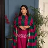Rani pink with bottle green stripe __Ansari Fashion