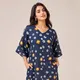 Deep navy blue with white, mustard, and subtle orange accents