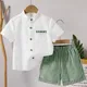 White Shirt & Green Striped Shorts