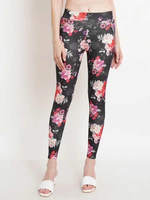 Women_Multi_Color_Floral_Solid_Mid_Rise_Body_Fitted_Jeggings__POPWINGS