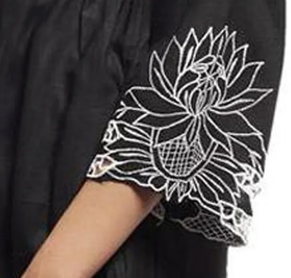 TEEMOODS_Casual_3/4_Sleeve_Embroidered_Women_Black_Top_()__Teemoods