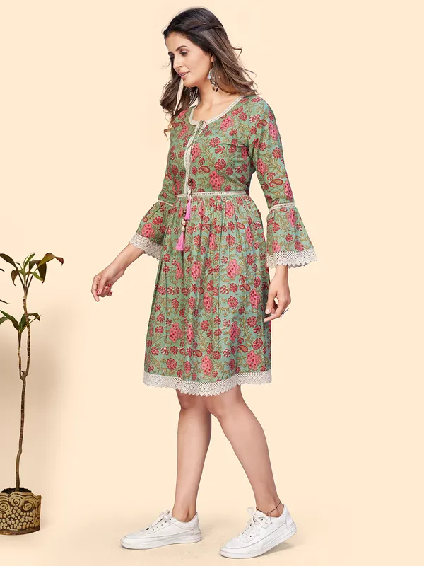 Women'S_Floral_Print_Flared_Cotton_Sea_Green_Stitched_Dress(VF-KU-1816)__Vbuyz