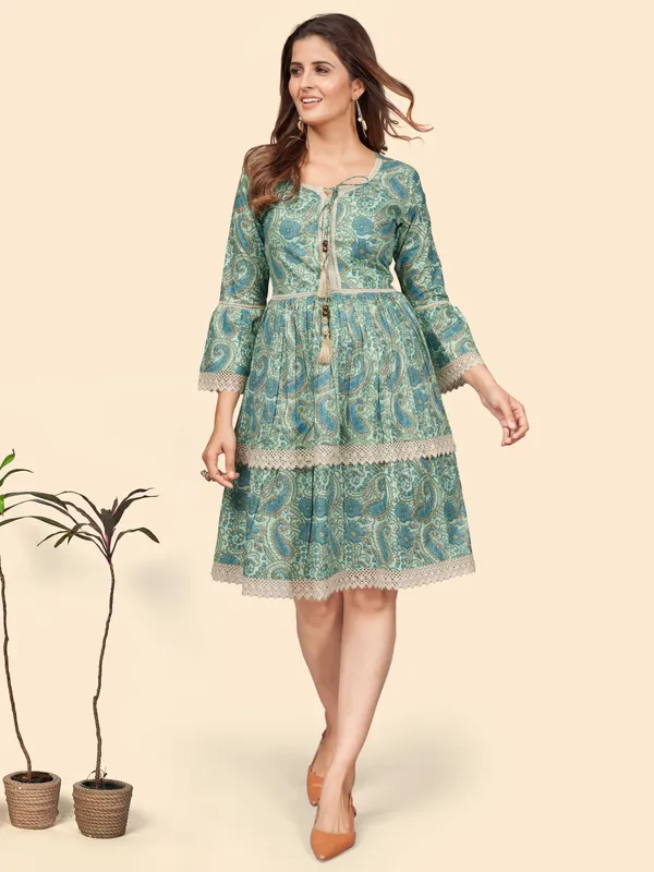 Women'S_Printed_Flared_Cotton_Sea_Green_Stitched_Dress(VF-KU-1896)__Vbuyz