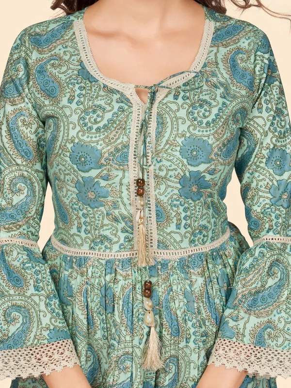 Women'S_Printed_Flared_Cotton_Sea_Green_Stitched_Dress(VF-KU-1896)__Vbuyz